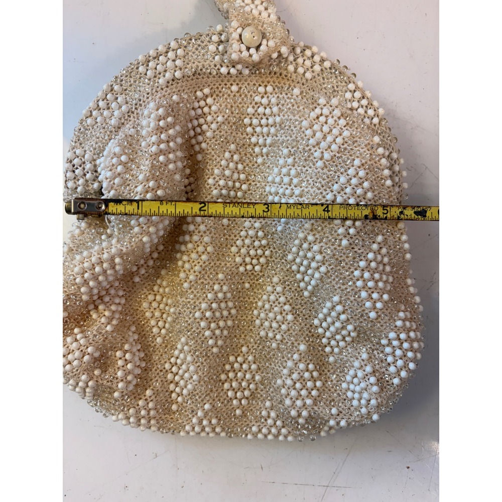 Vintage Beaded Wristlet Clutch Cream White Diamond Pattern Evening Bag 5.5" - Picture 4 of 8